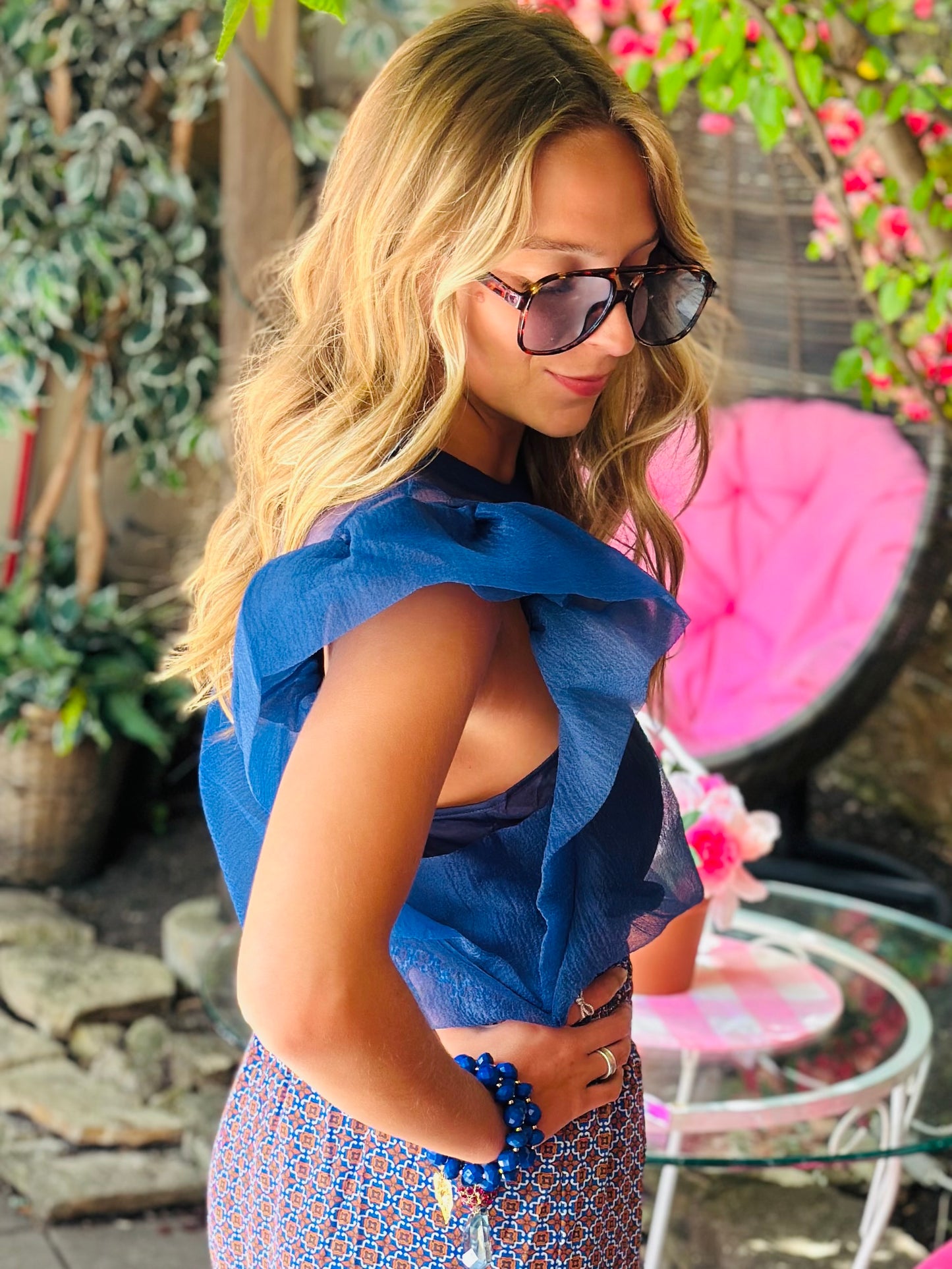 Navy Oversized Ruffle Organza Top