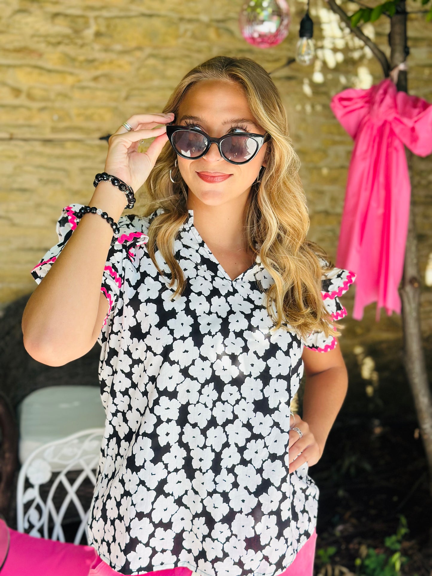 Black Ruffle Sleeve Floral Blouse