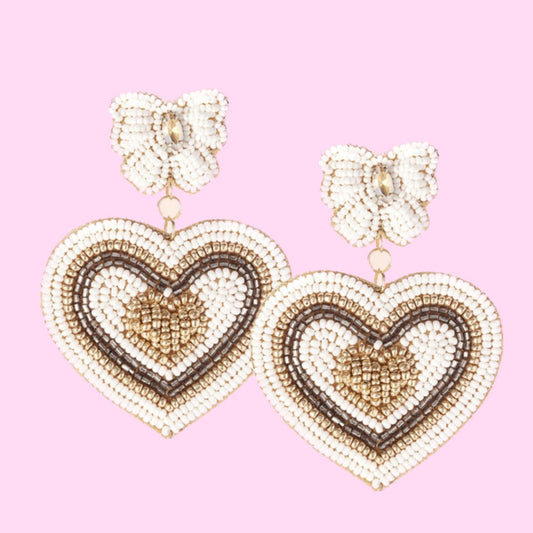 Cream + Gold Bow Heart Earrings