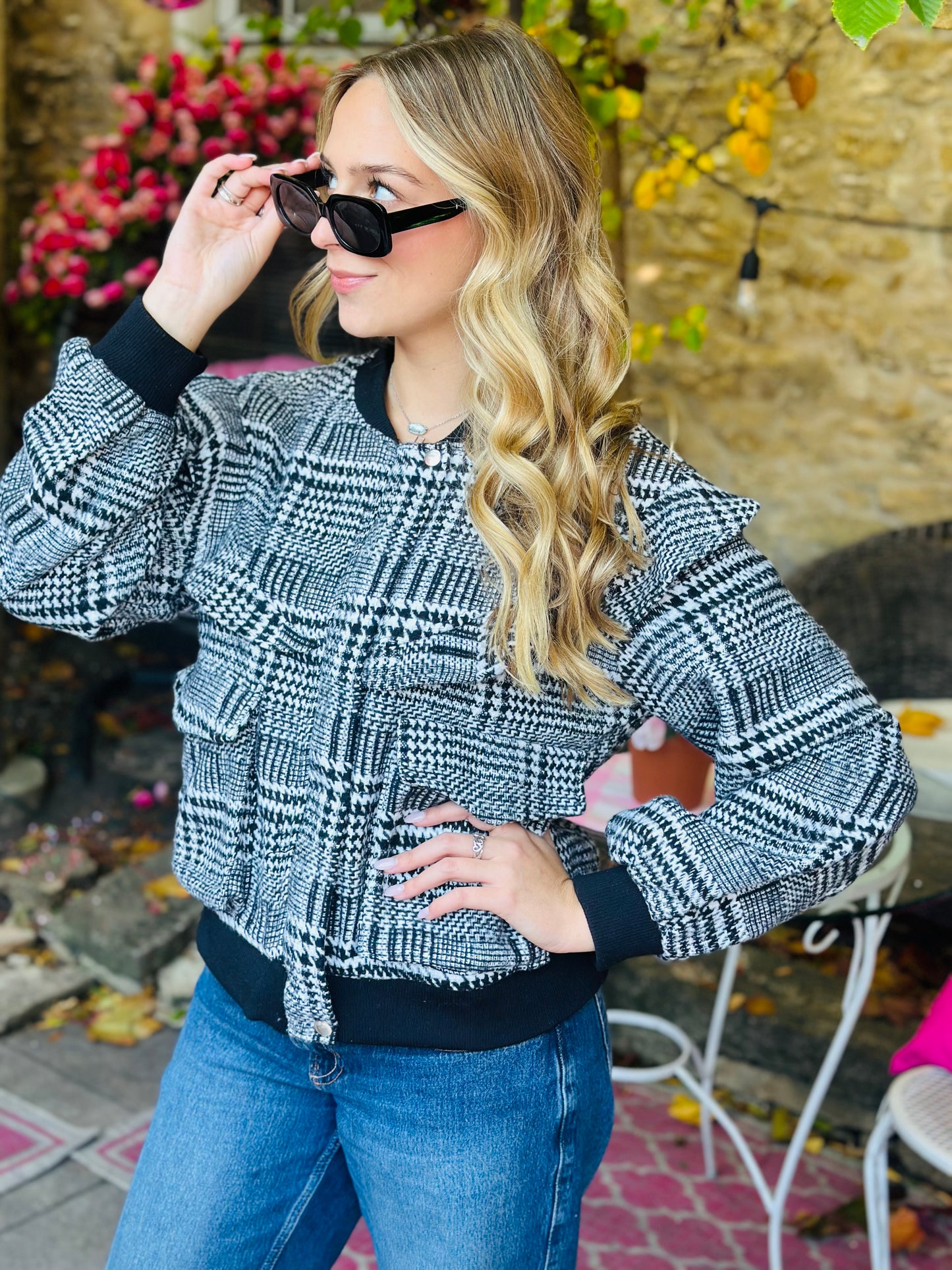 Plaid Ruffle Bomber Jacket