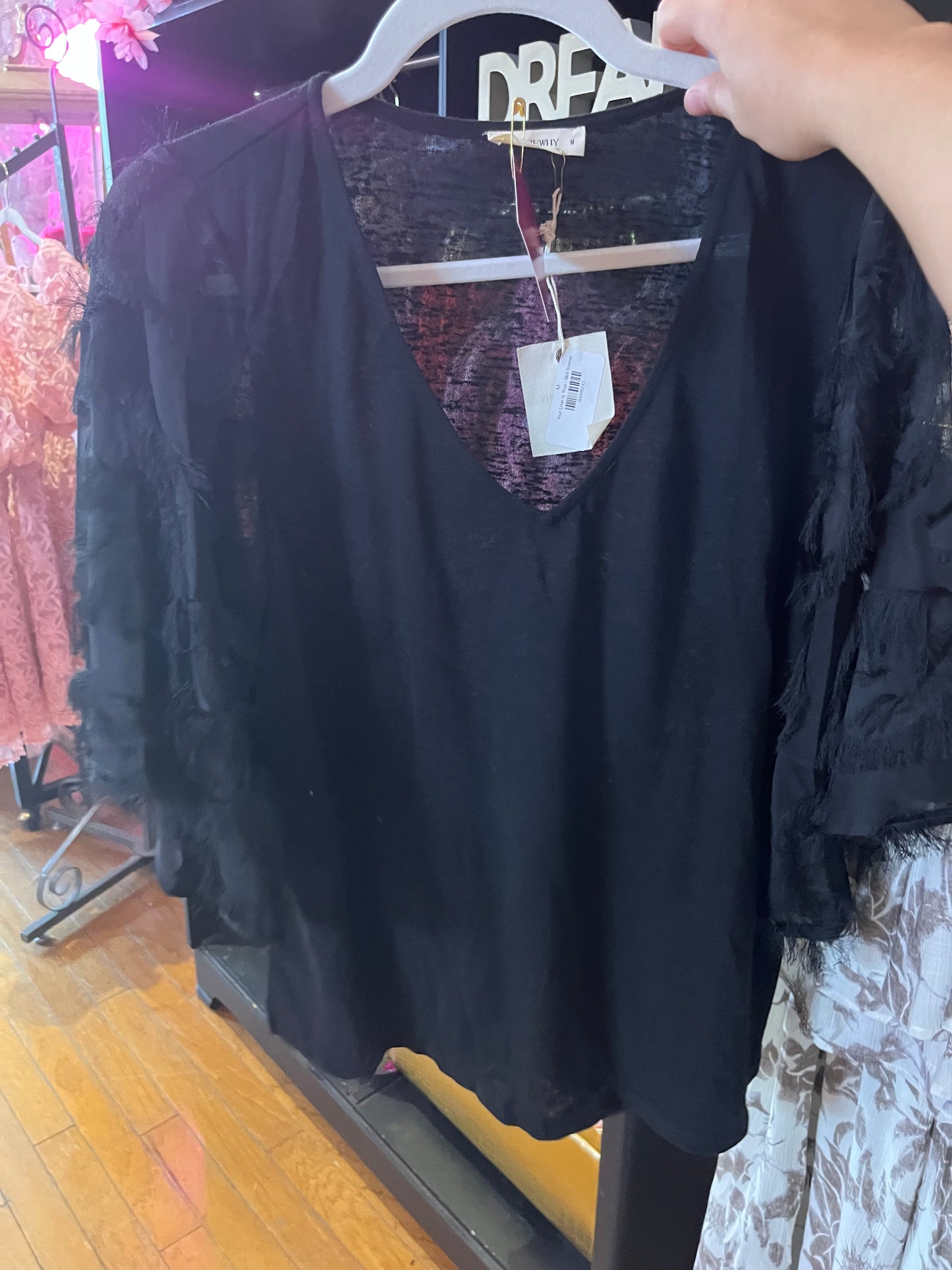 Black Fringe V Top (LG)