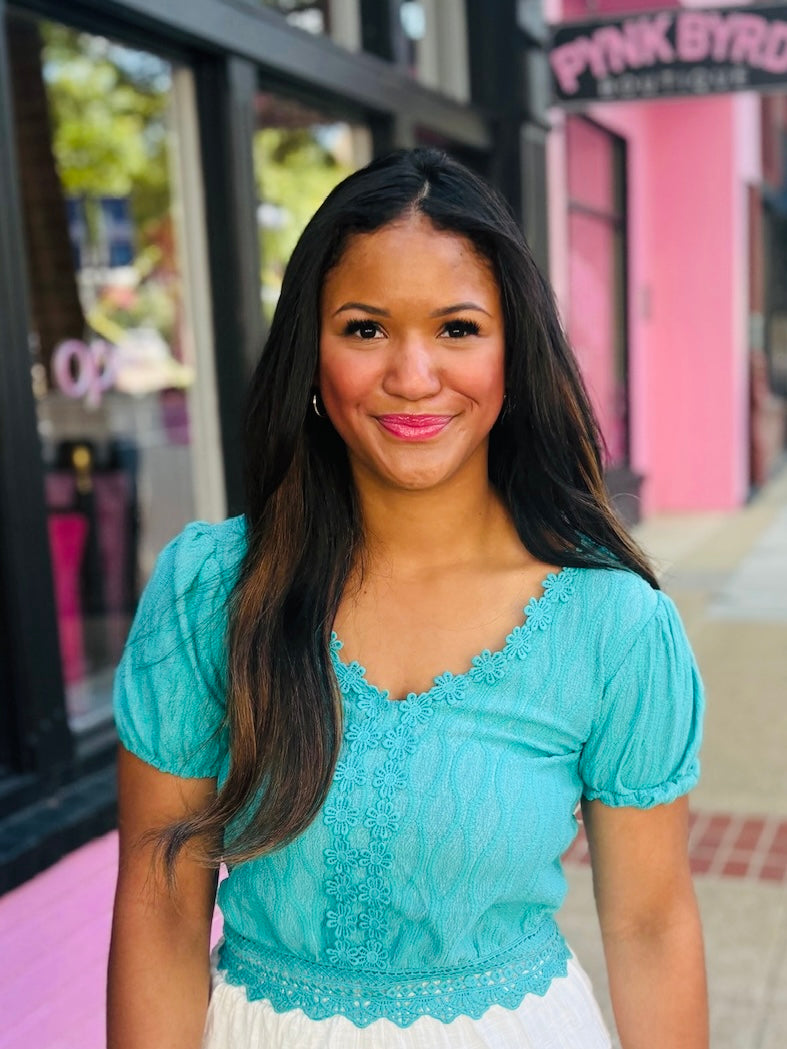 Teal Lace Trim Back Tie Top