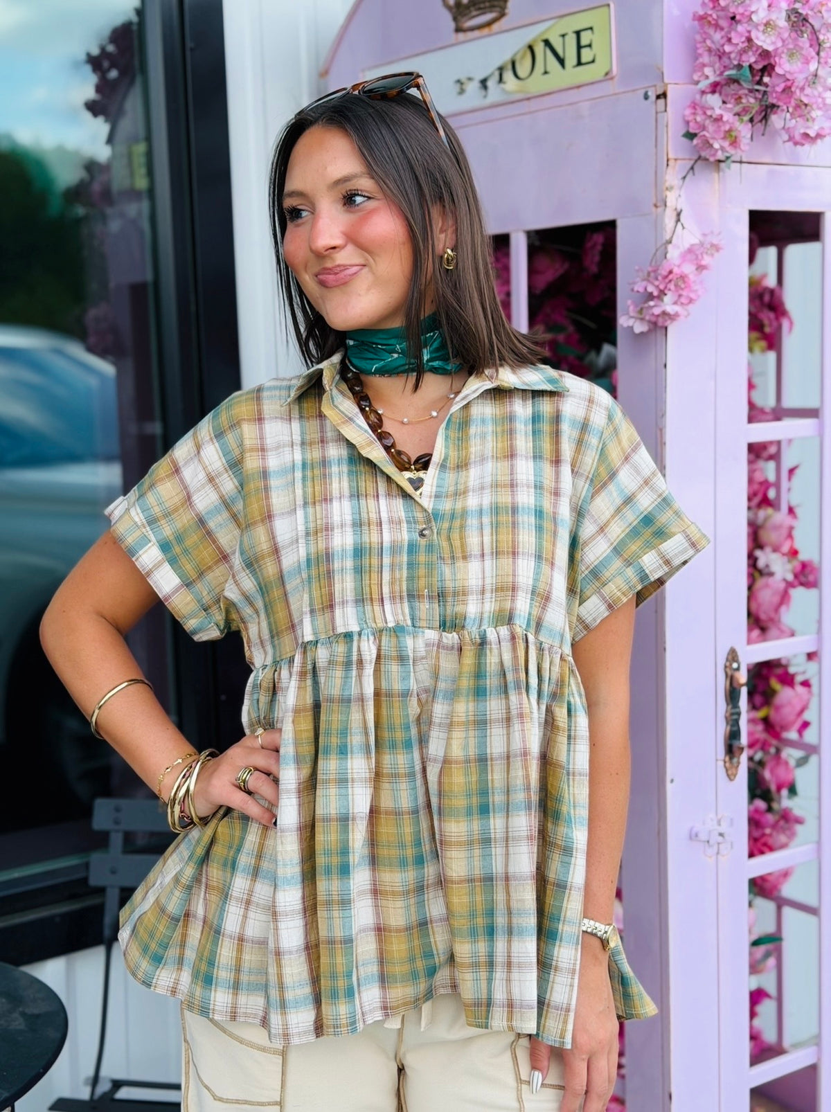 Olive Plaid Short Sleeve Top LG