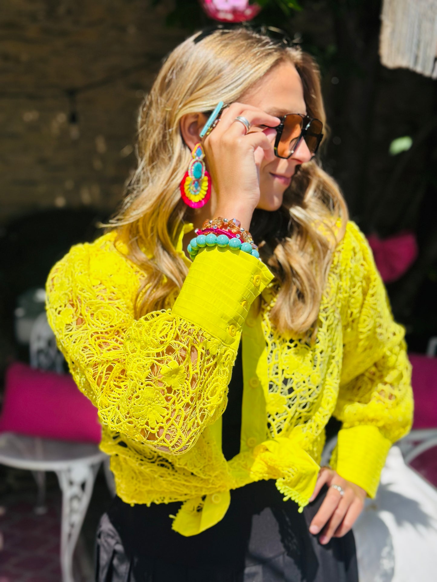 Yellow Puff Sleeve Lace Top