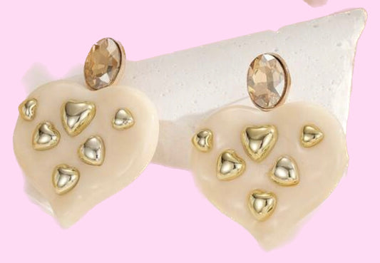 Cream + Gold Heart Earrings