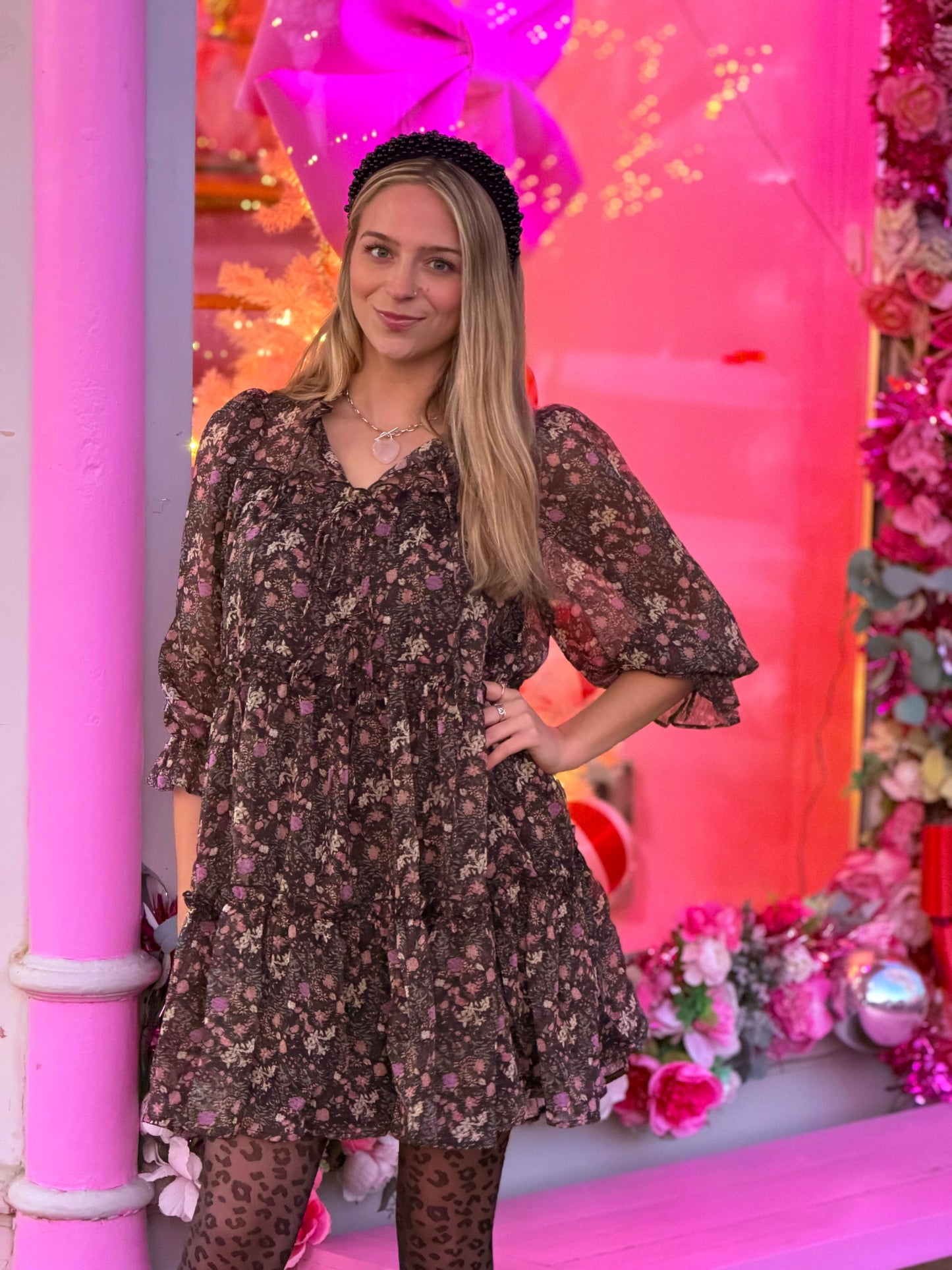 Black Floral Ruffle Dress