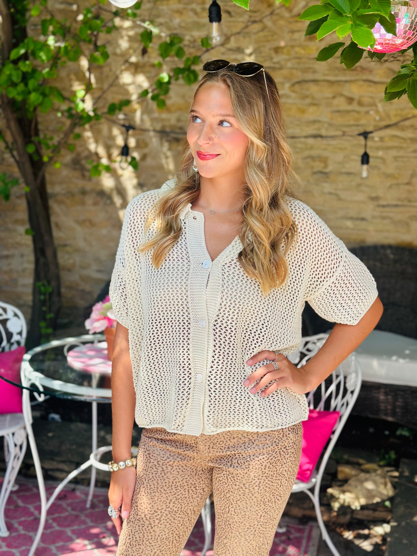Cream Button-Down Crochet Shirt