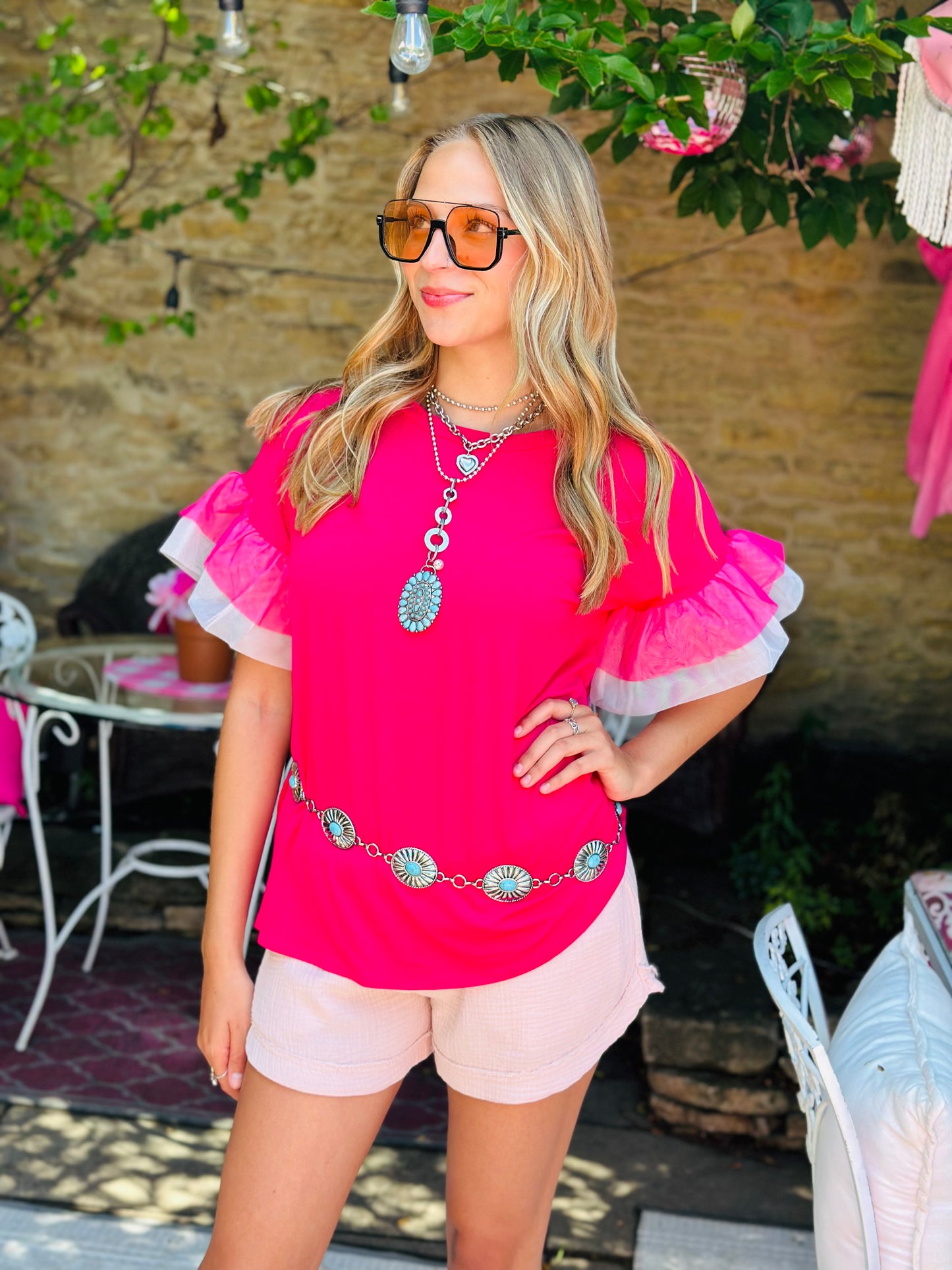 Pink Mesh Ruffled Sleeve Knit Top