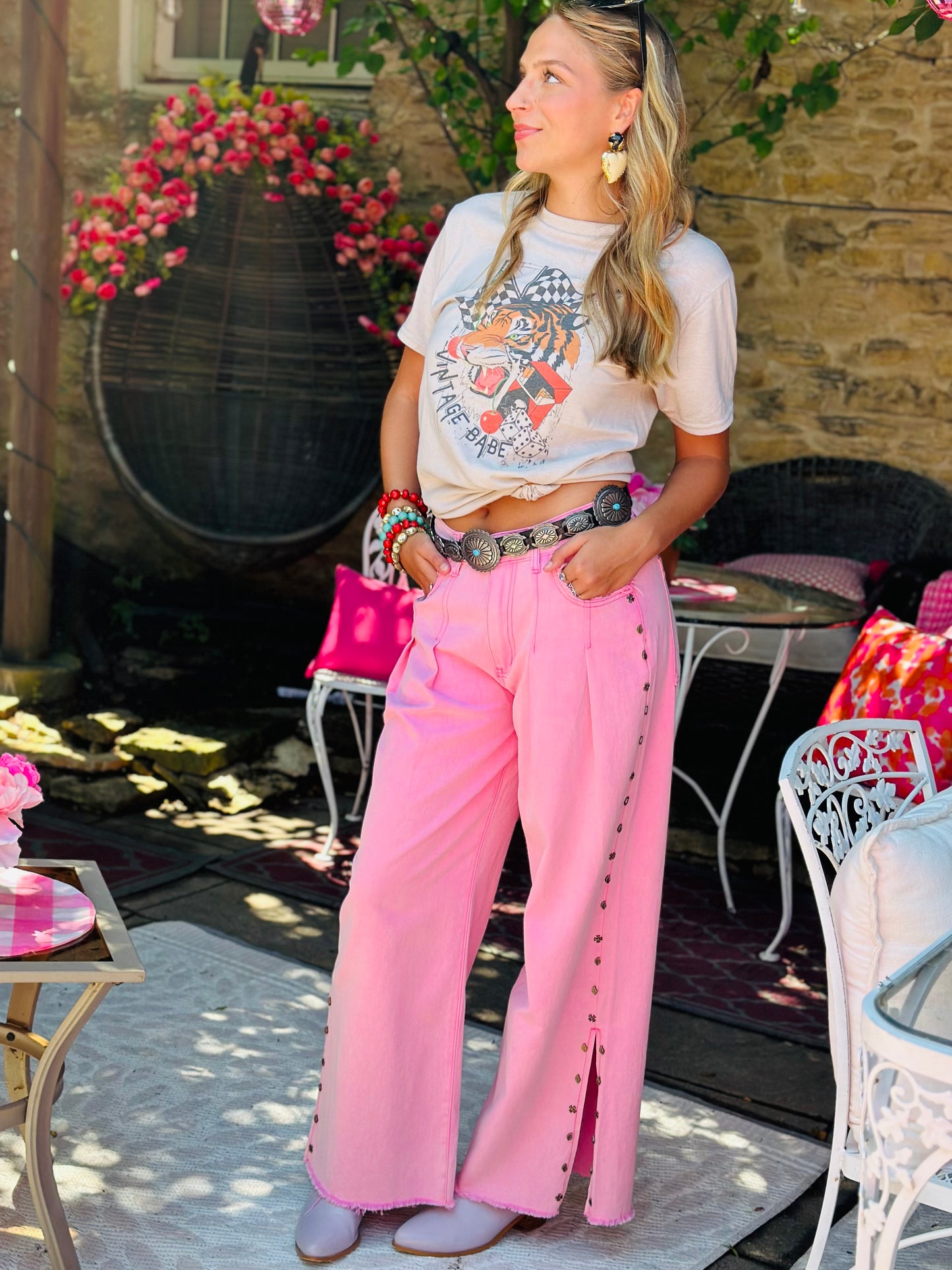 Pink Stud Detail Twill Wide Woven Pants