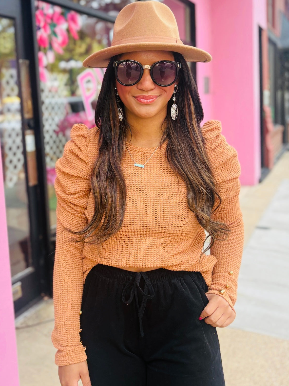 Chestnut Gigot Sleeve Waffle Knit Tee