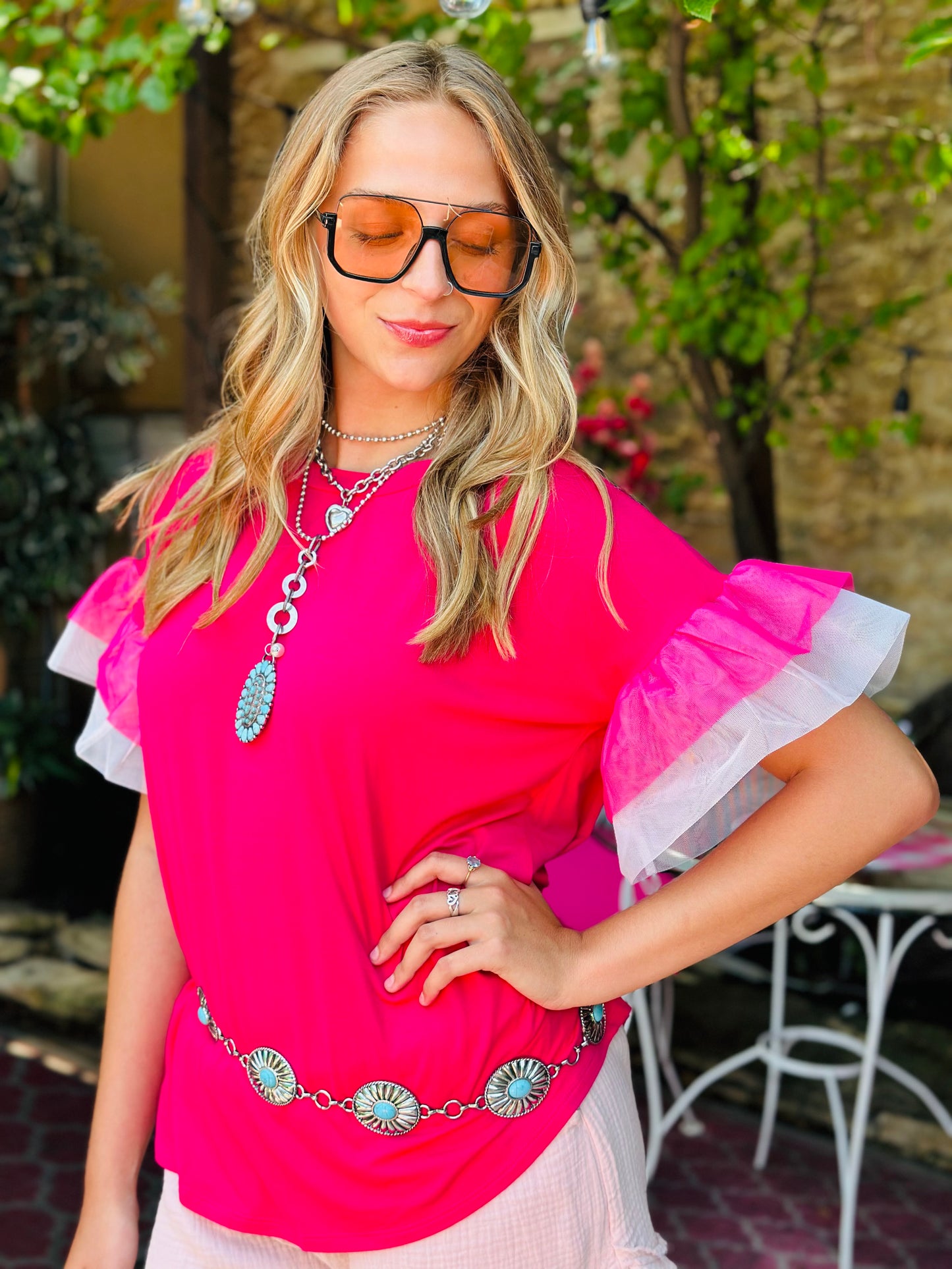 Pink Mesh Ruffled Sleeve Knit Top
