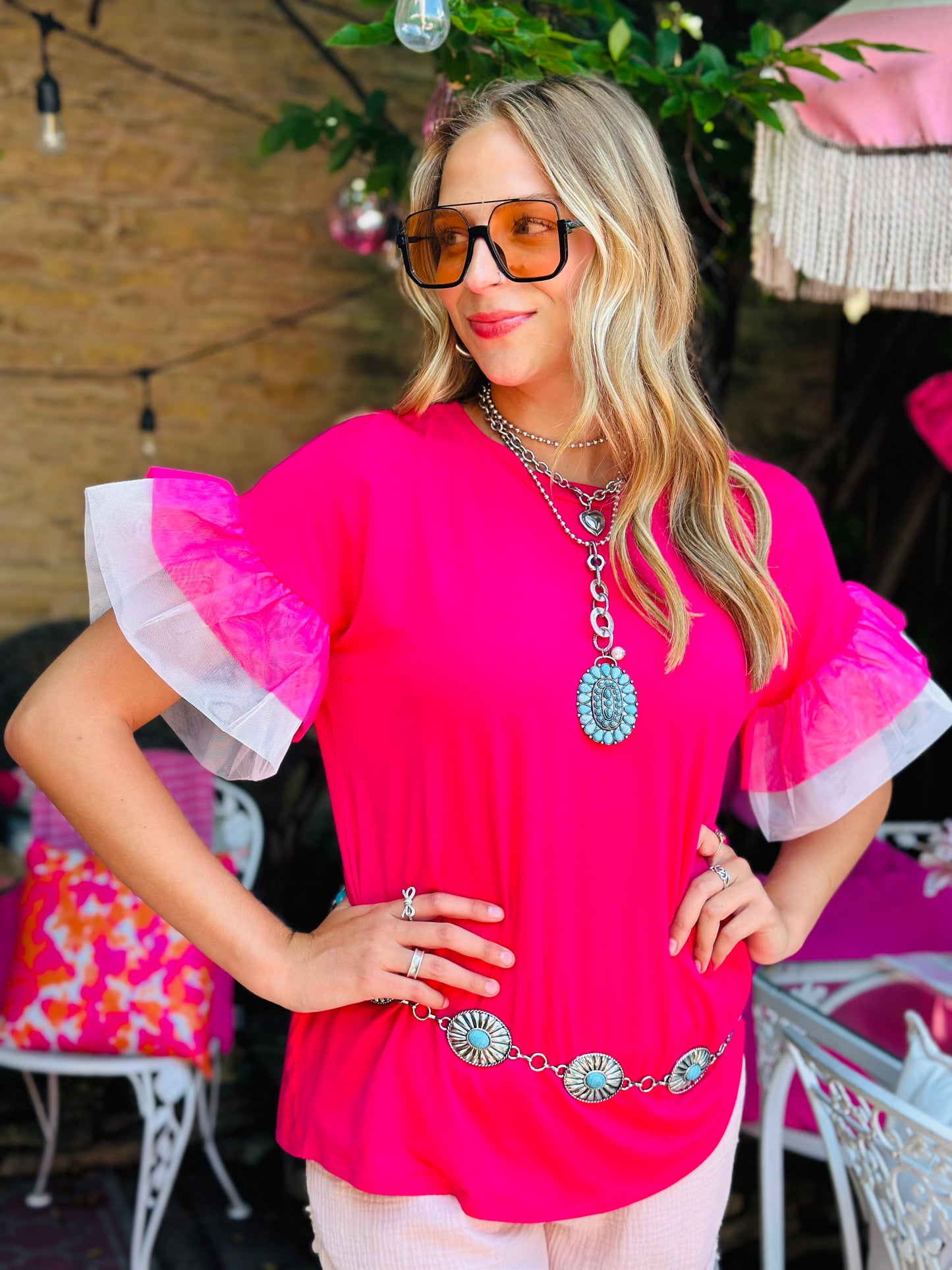 Pink Mesh Ruffled Sleeve Knit Top