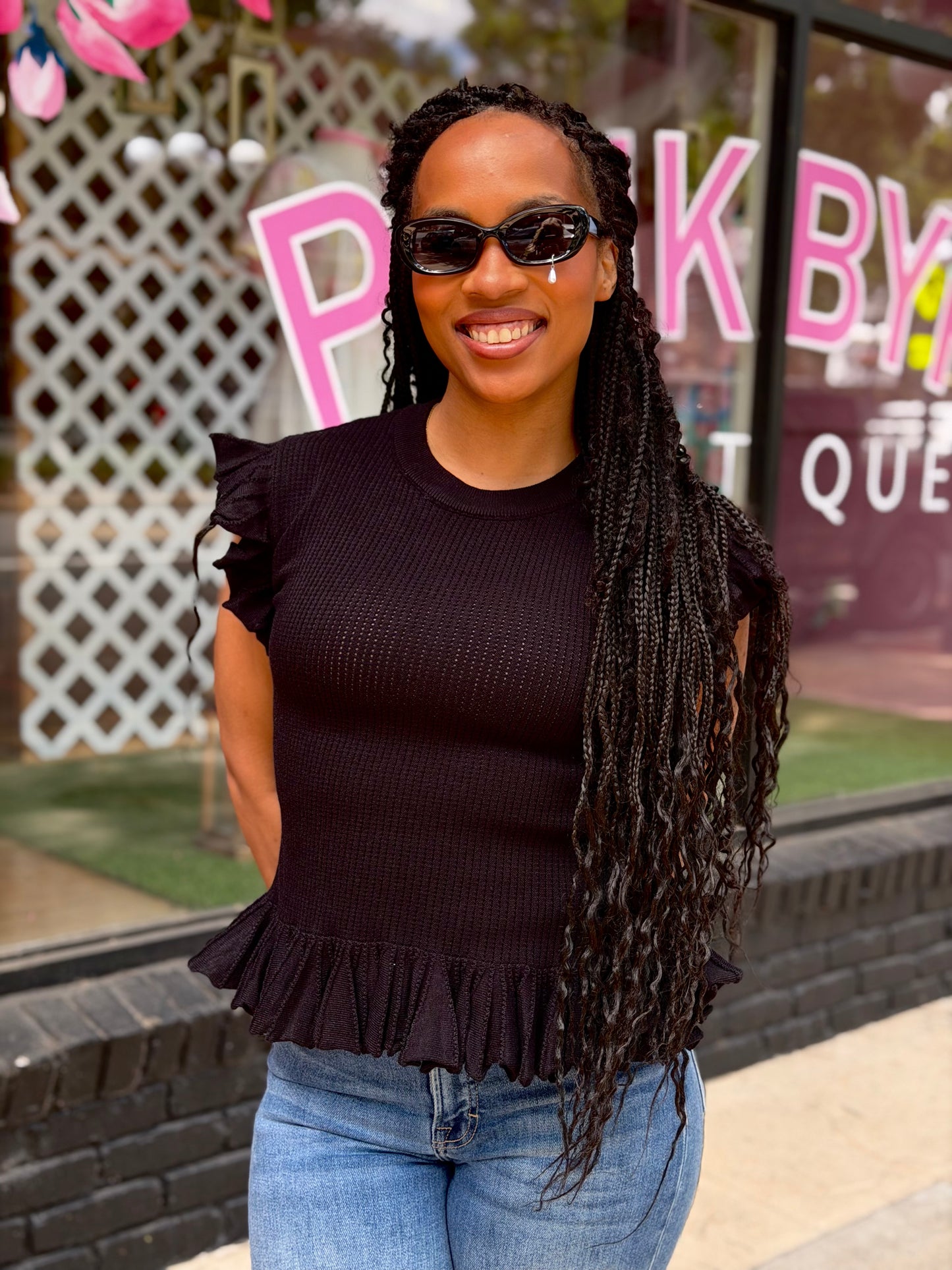 Black Ruffle Knit Top