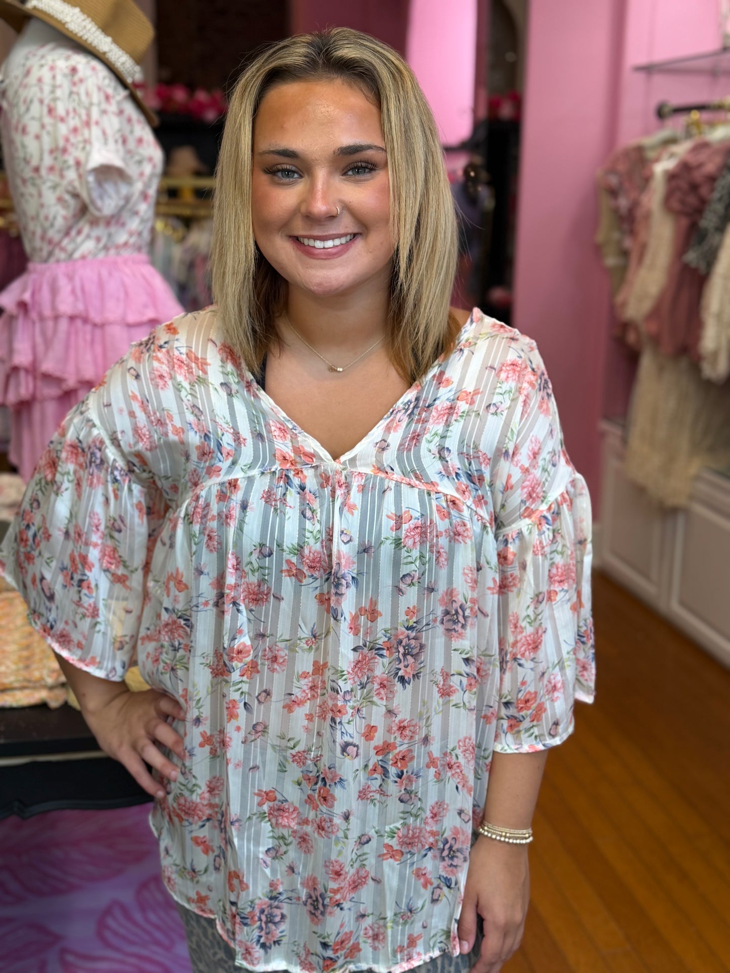 Blue + Coral Floral Top (LG)