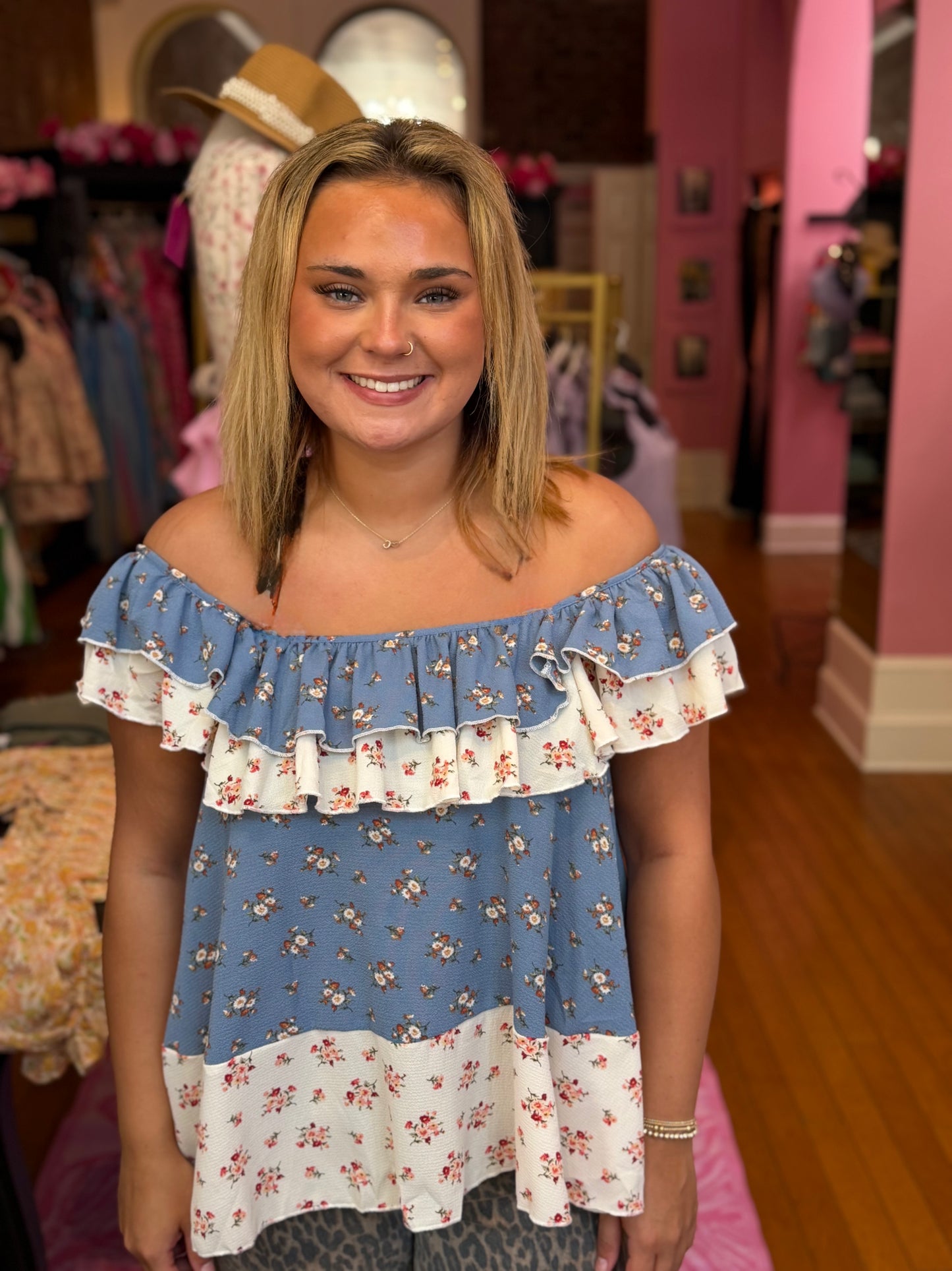 Blue Floral Ruffle Top (LG)