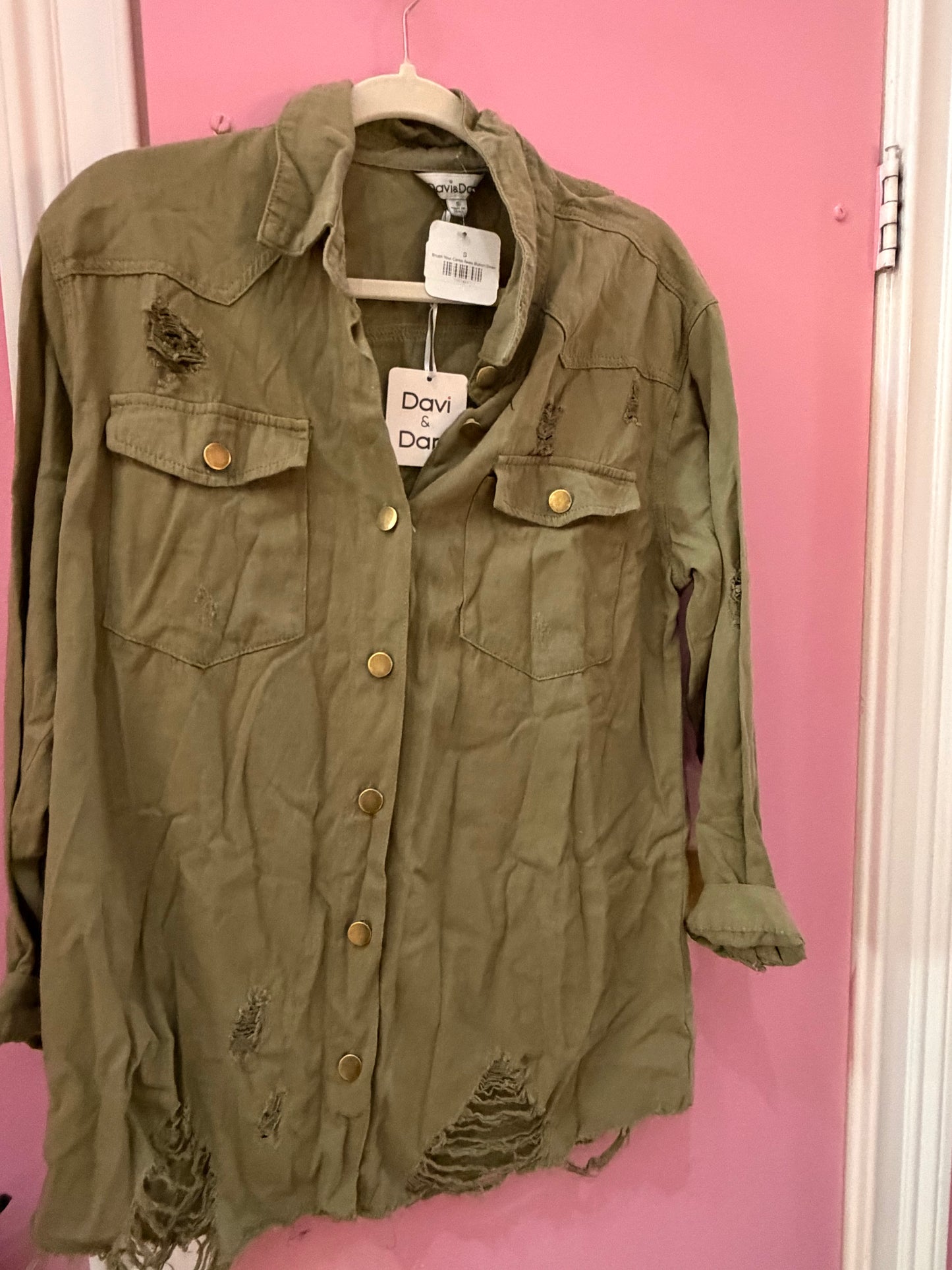 Olive Distressed Denim Shacket LG