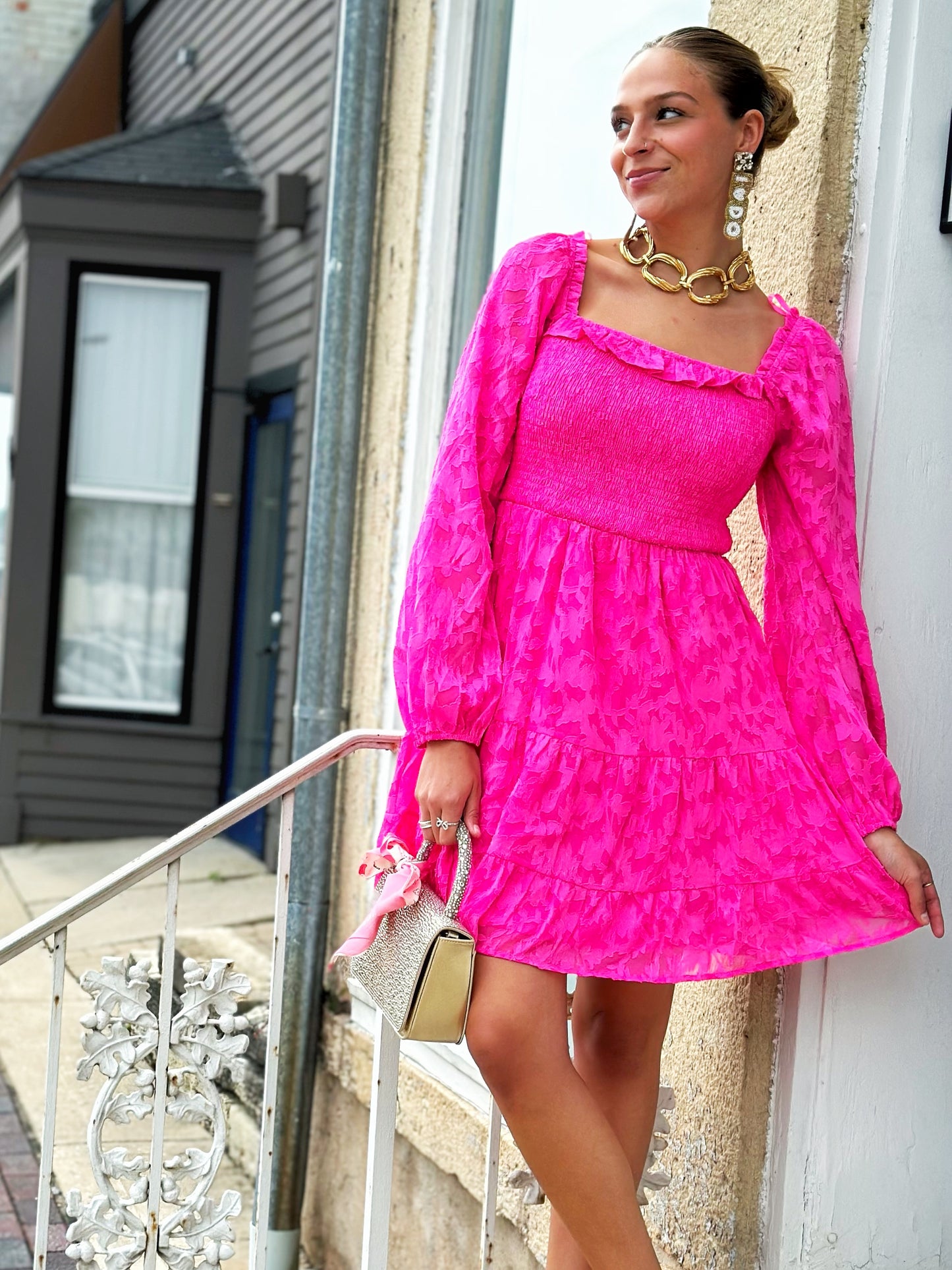Hot Pink Tiered Woven Mini Dress