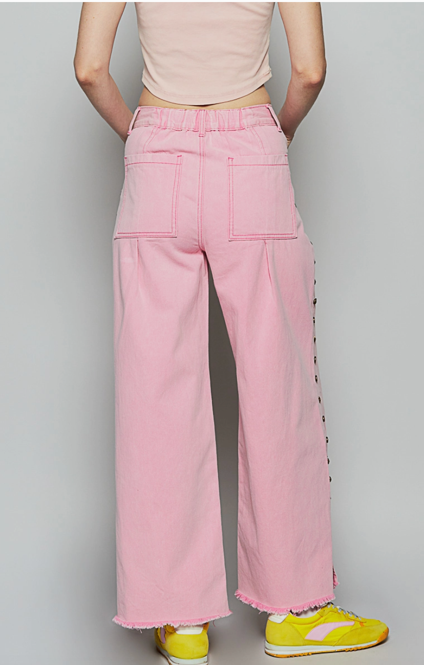 Pink Stud Detail Twill Wide Woven Pants