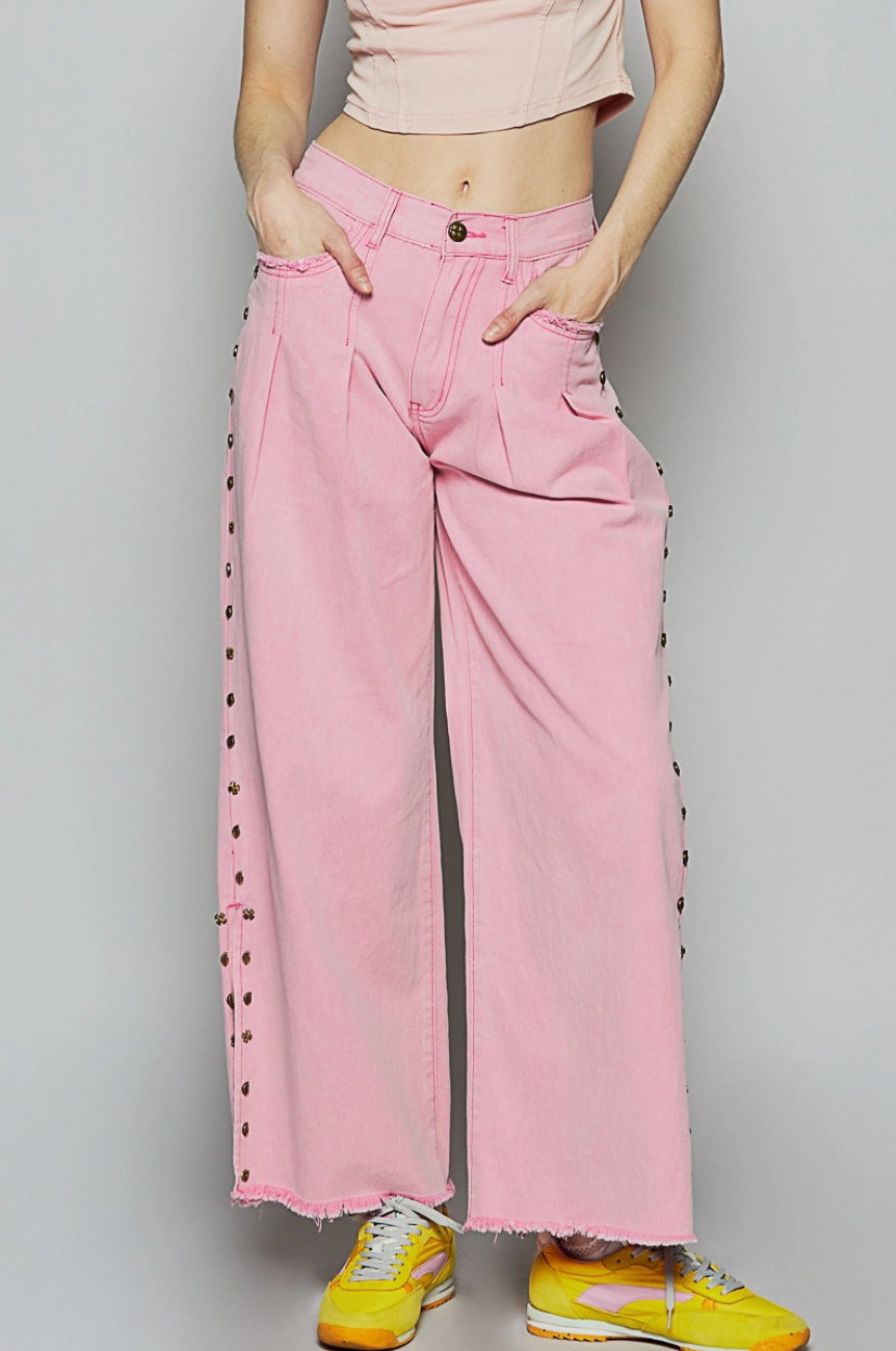 Pink Stud Detail Twill Wide Woven Pants