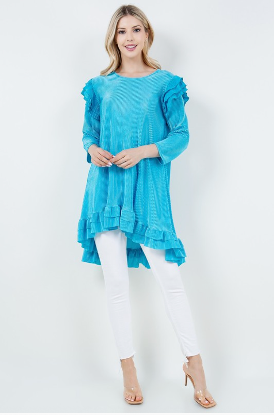 Turquoise Hi-Low Ruffled Tunic