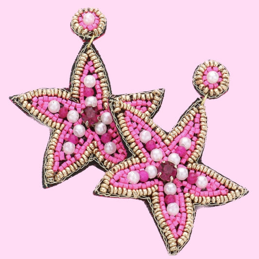 Fuchsia Pink Star Seed Bead Earrings