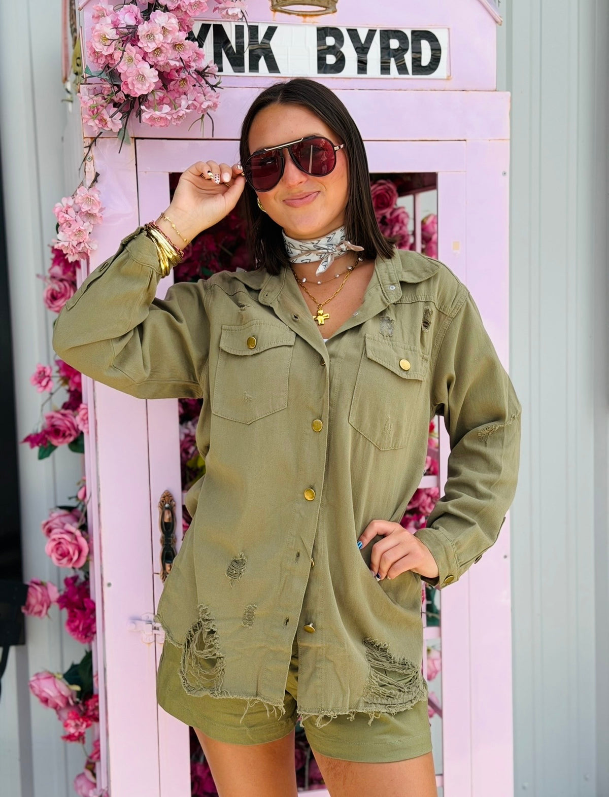 Olive Distressed Denim Shacket LG