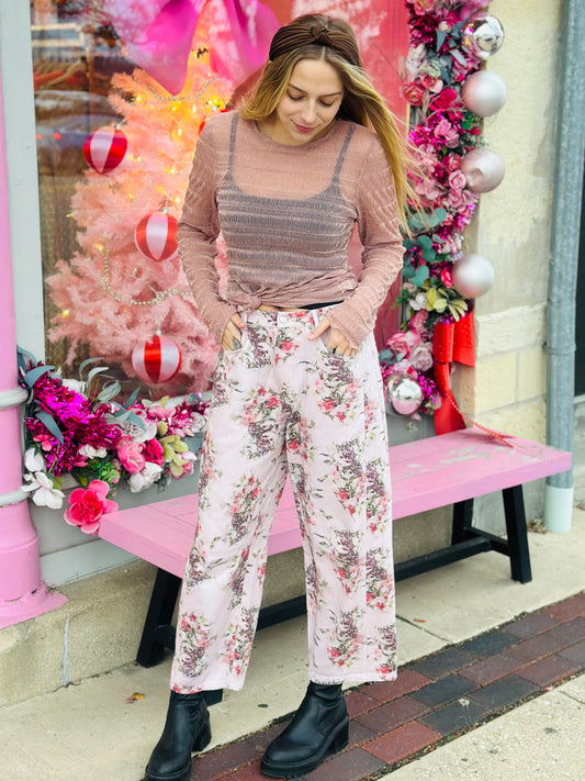 Floral Print Barrel Jeans