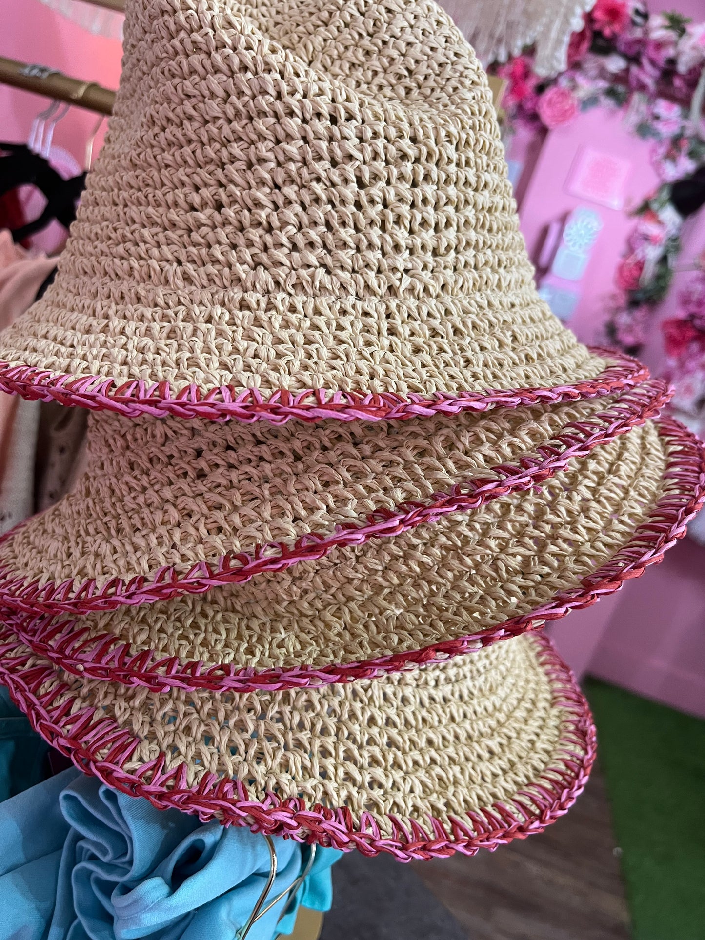 Pink + Red Trim Straw Hat
