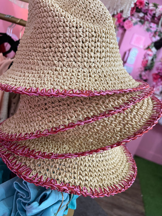 Pink + Red Trim Straw Hat