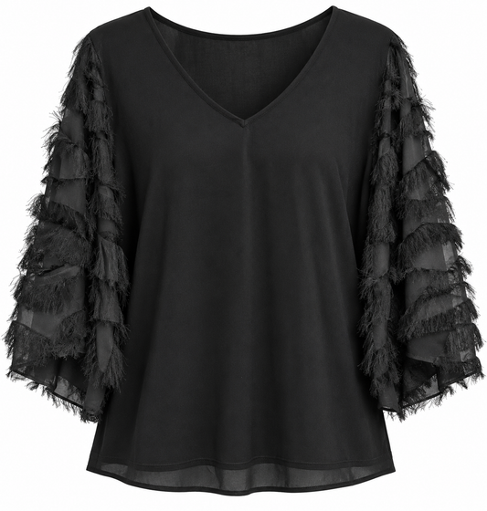 Black Fringe V Top (LG)