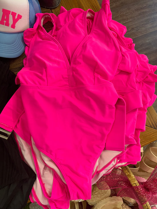 Neon Pink Ruffle Swimsuit (LG)