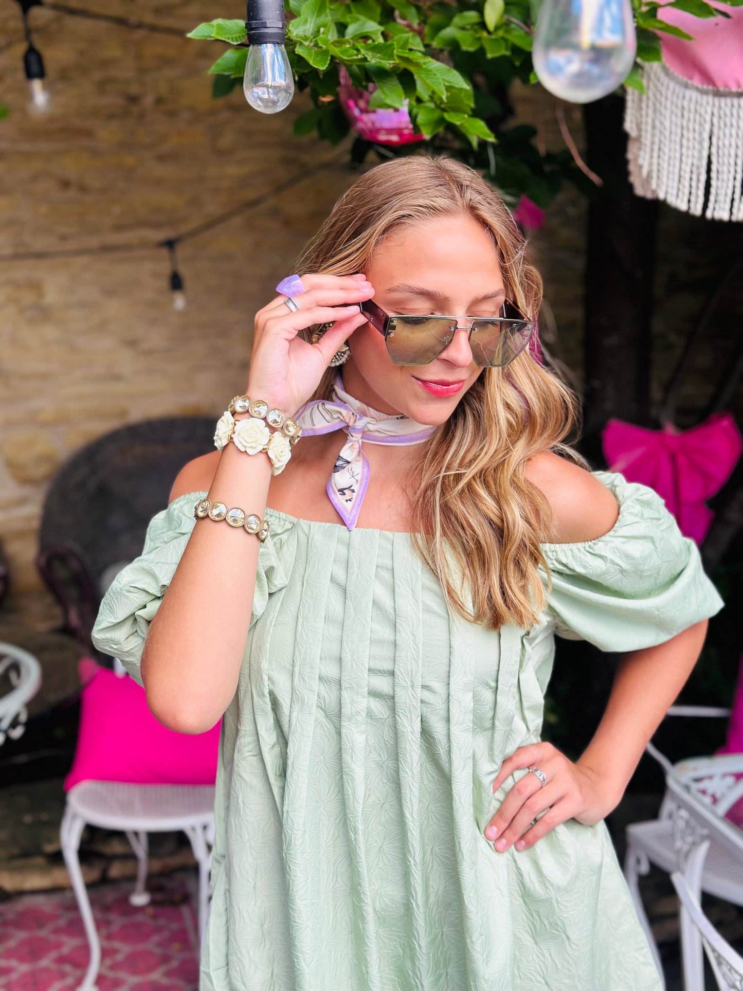 Sage Puff Sleeves Pleated Mini Dress