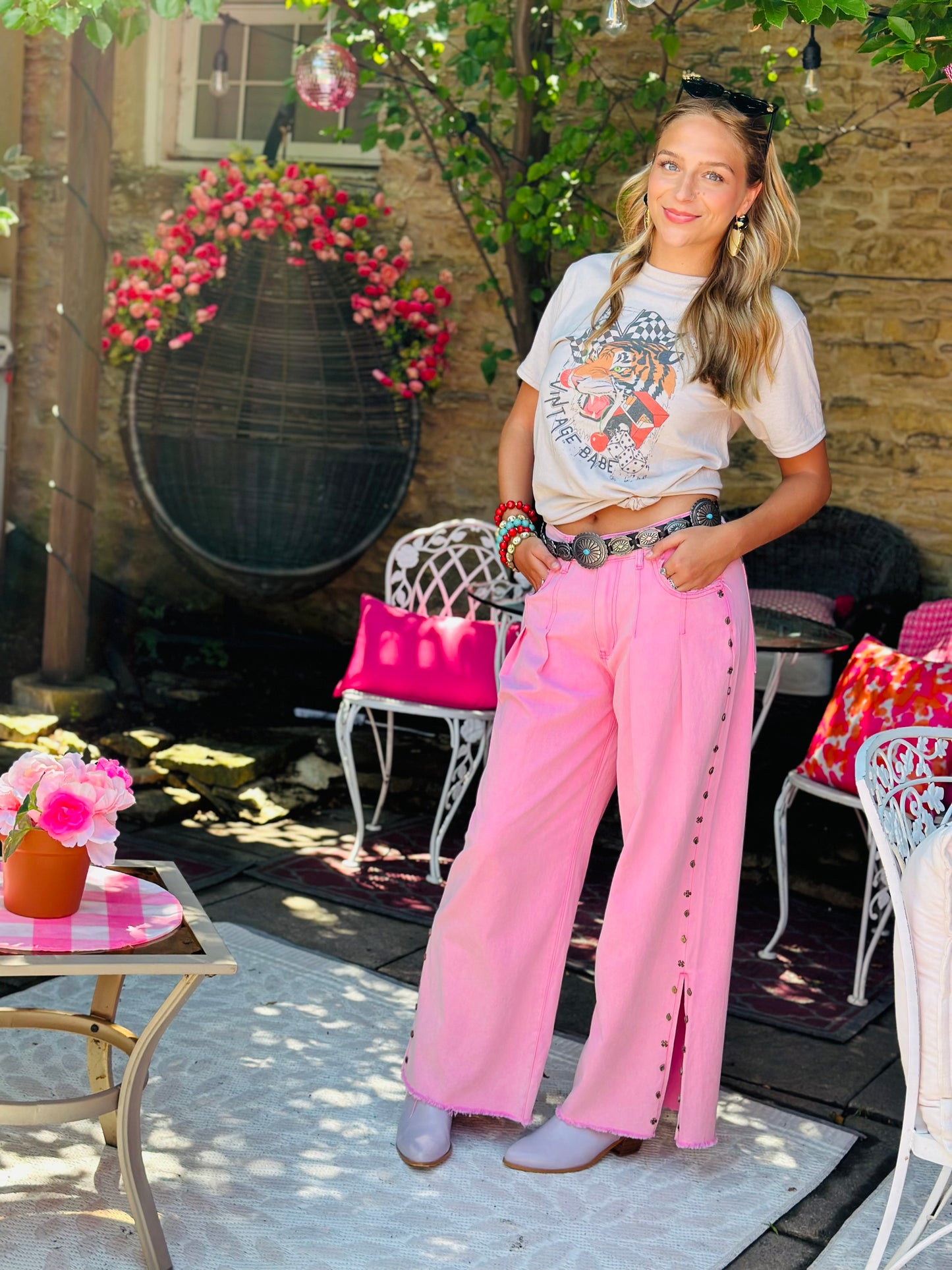 Pink  Stud Detail Twill Wide Woven Pants