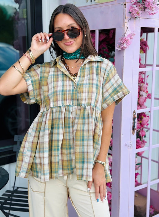 Olive Plaid Short Sleeve Top LG