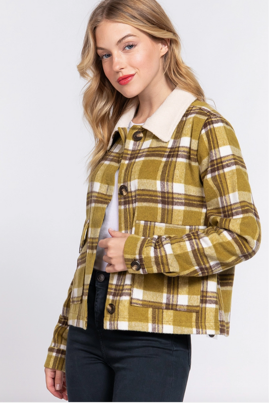 Olive Faux Fur Collar Plaid Shacket