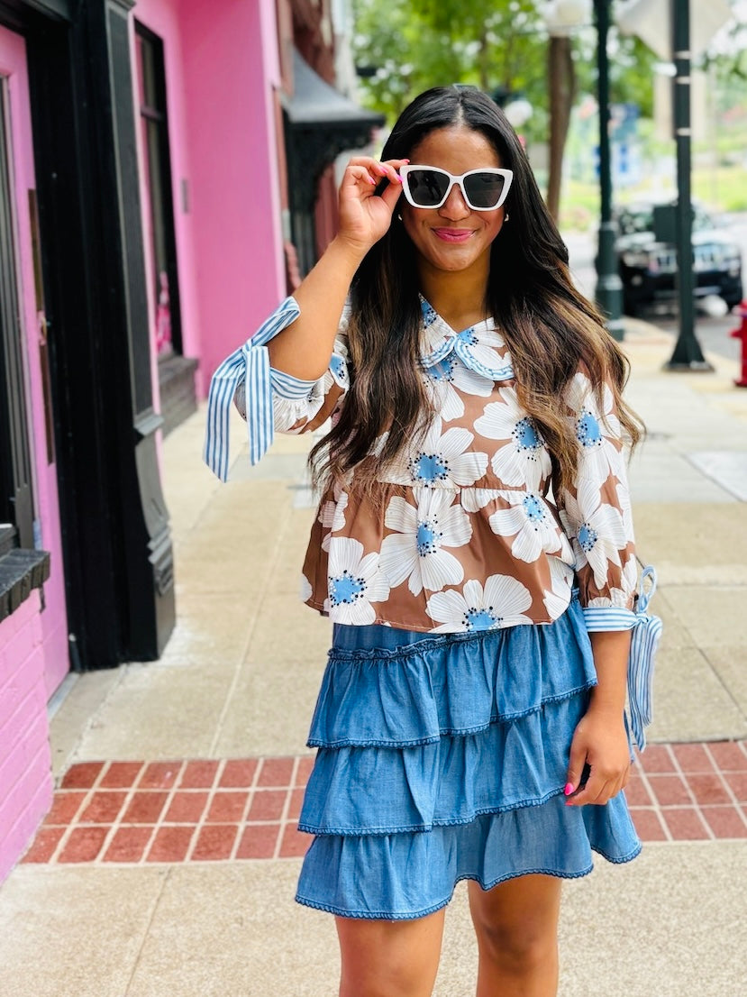 Blue Chambray Ruffle Mini Skirt