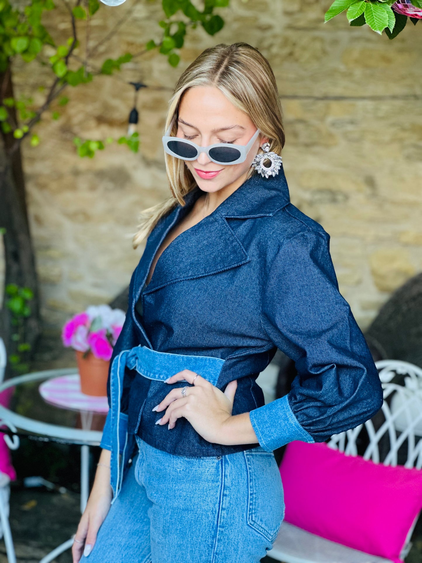 Dark Denim Draped Neck Jacket