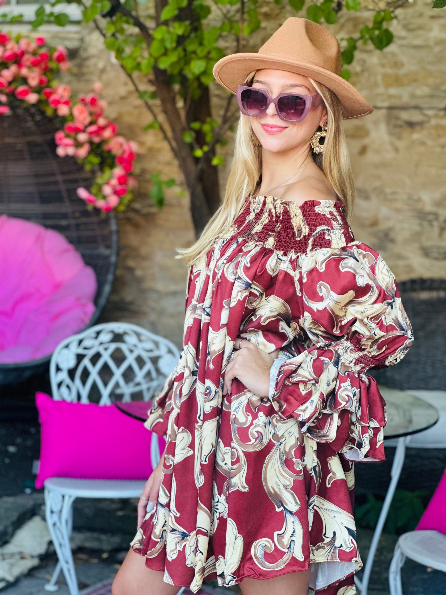Brown Multi Print Off Sholder Mini Dress