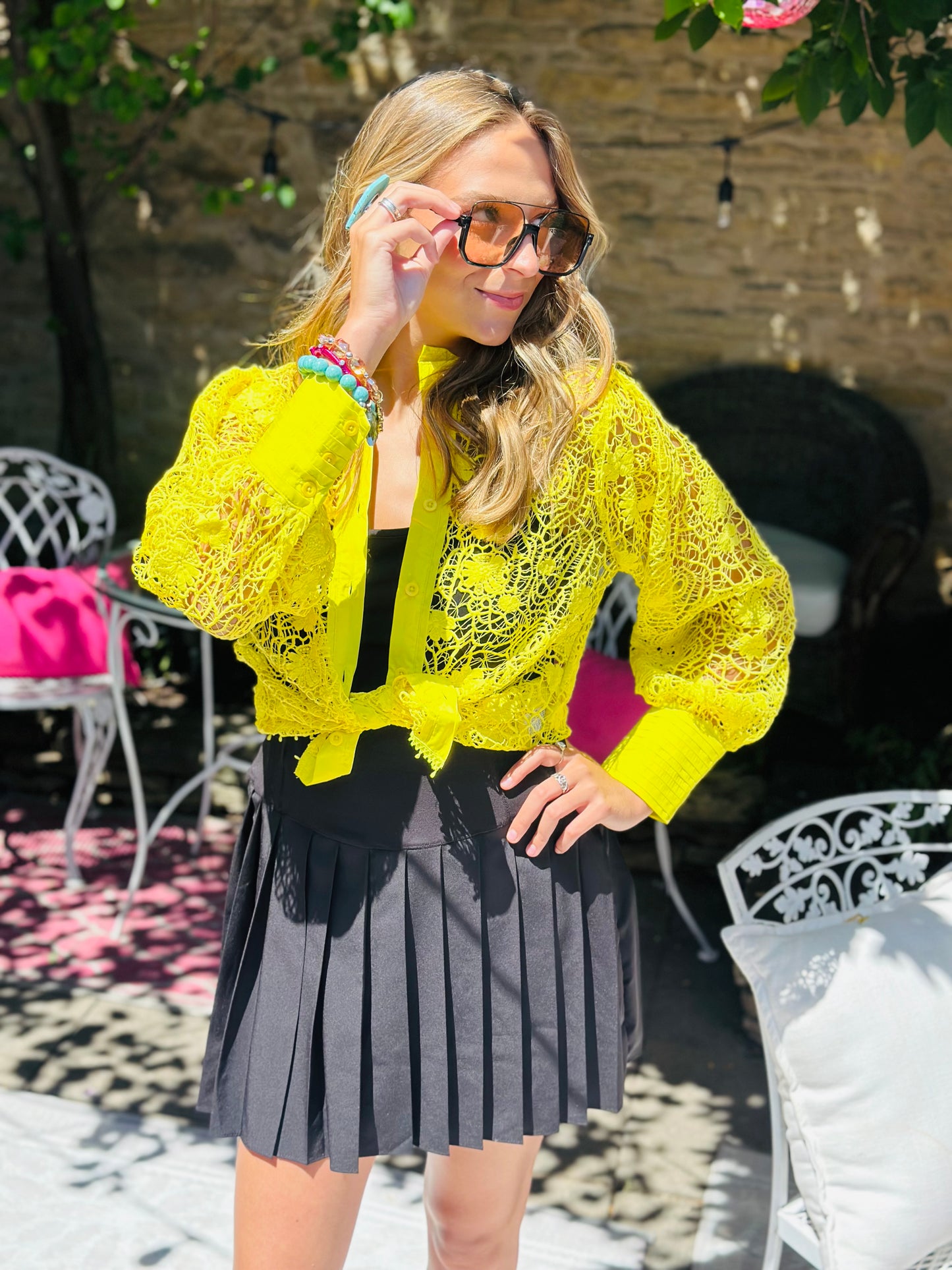 Yellow Puff Sleeve Lace Top