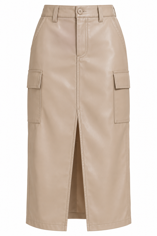 Faux Leather Midi Cargo Skirt
