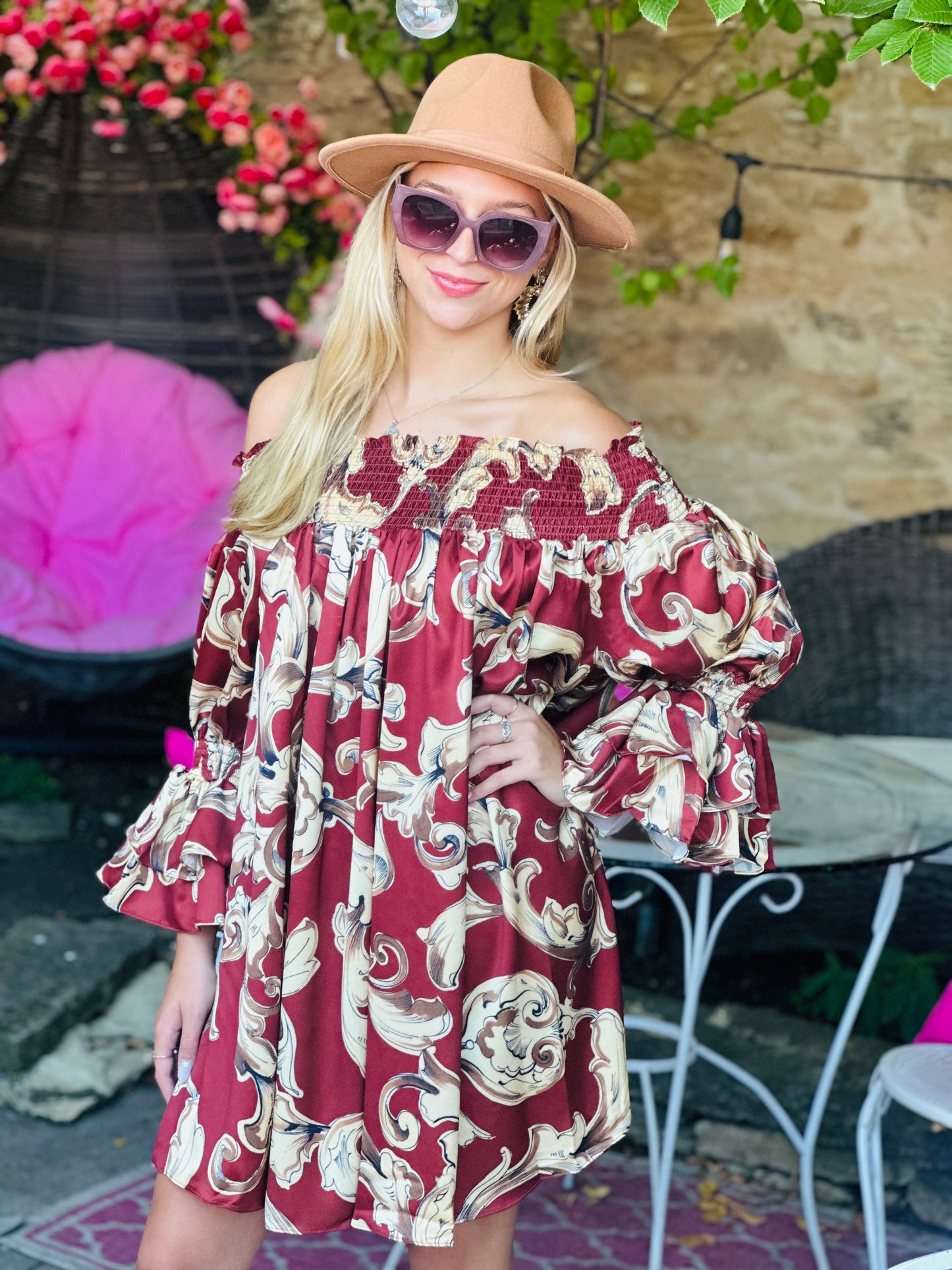 Brown Multi Print Off Sholder Mini Dress