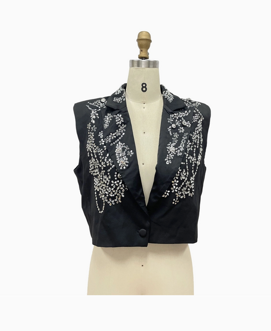 Black Sleeveless Rhinestones Vest