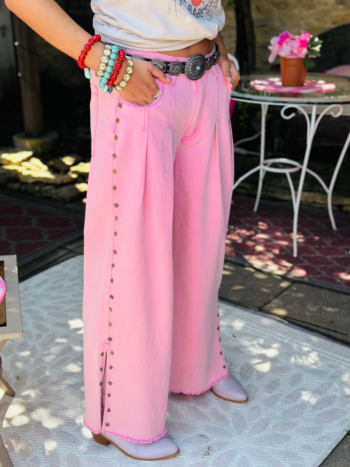 Pink  Stud Detail Twill Wide Woven Pants