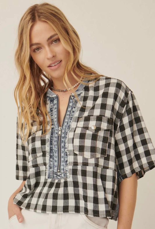 Checkered zipper Top