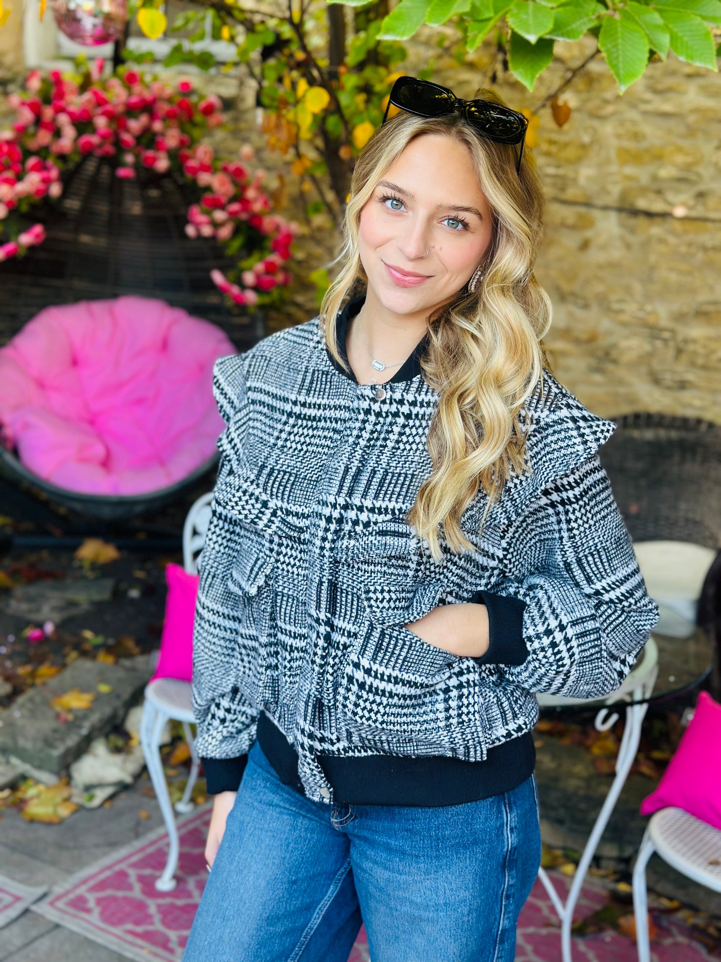 Plaid Ruffle Bomber Jacket