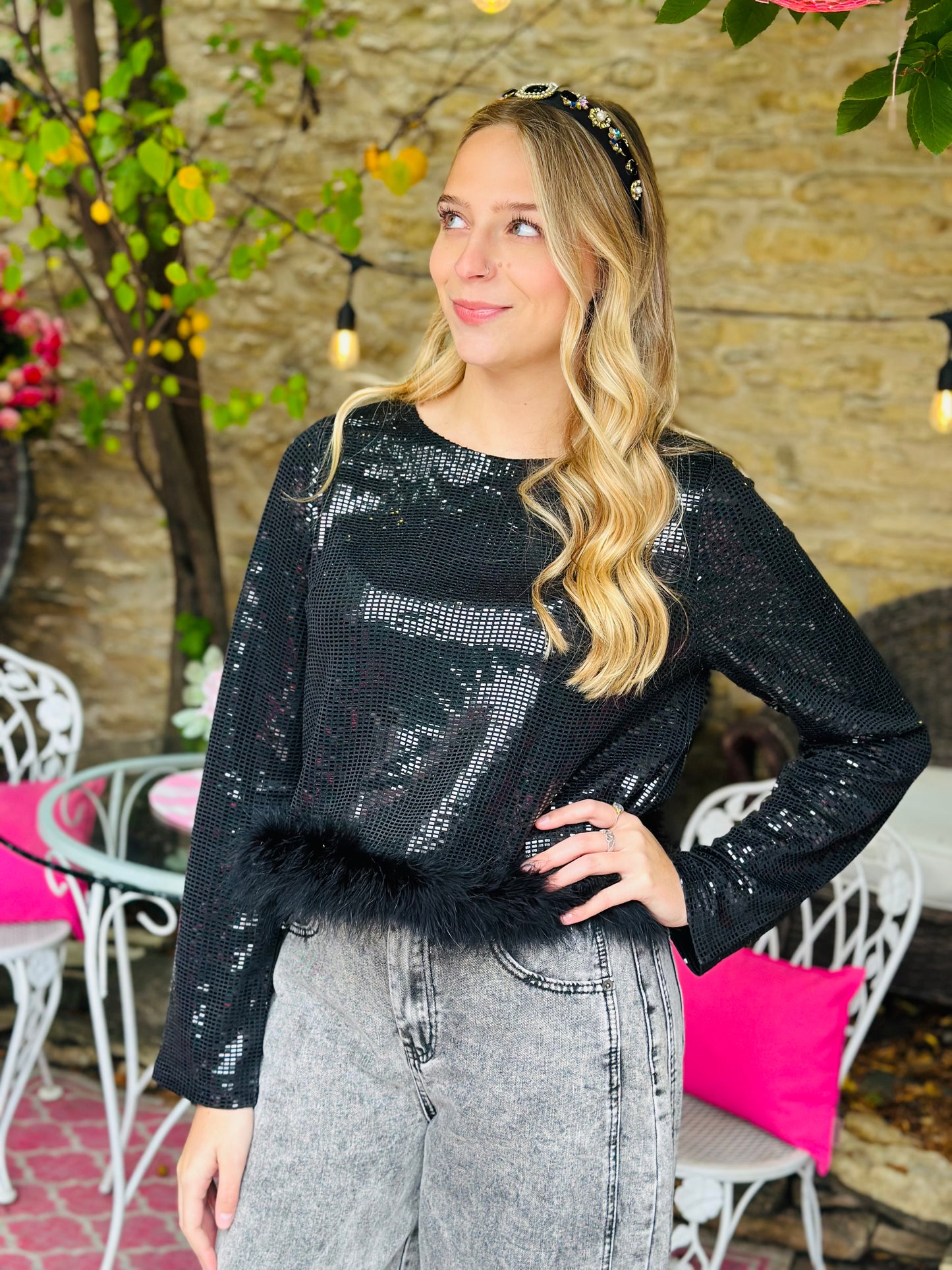 Black Sequin Feather Top