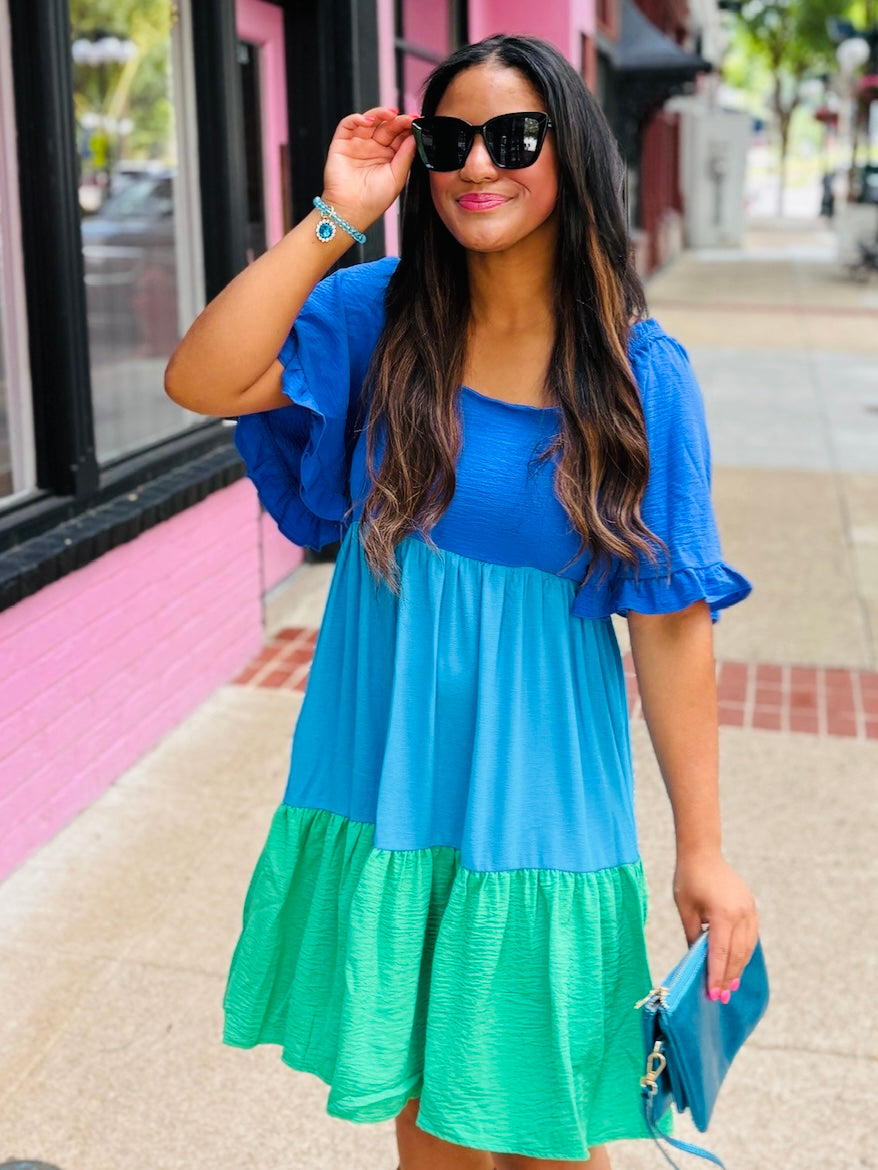 Blue Color Block Mini Dress