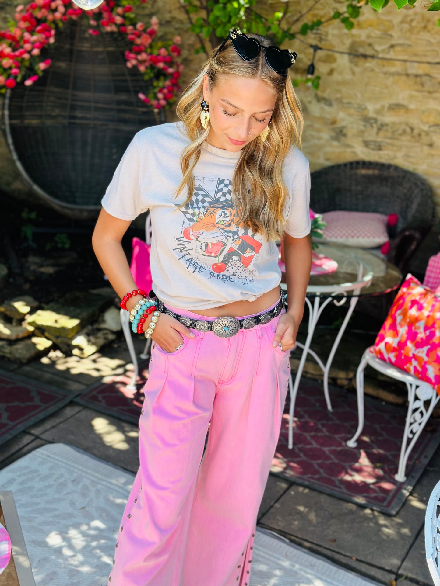 Pink  Stud Detail Twill Wide Woven Pants