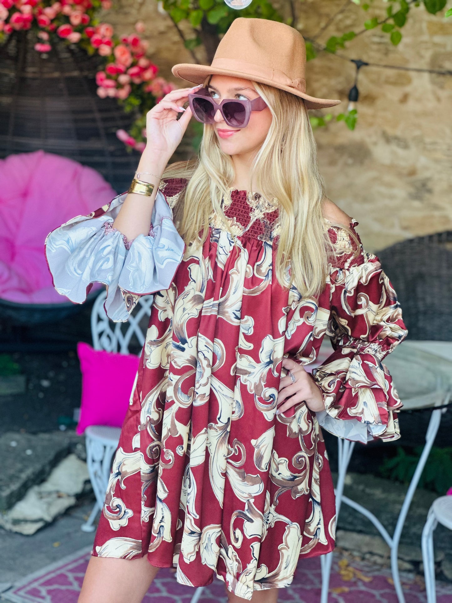 Brown Multi Print Off Sholder Mini Dress