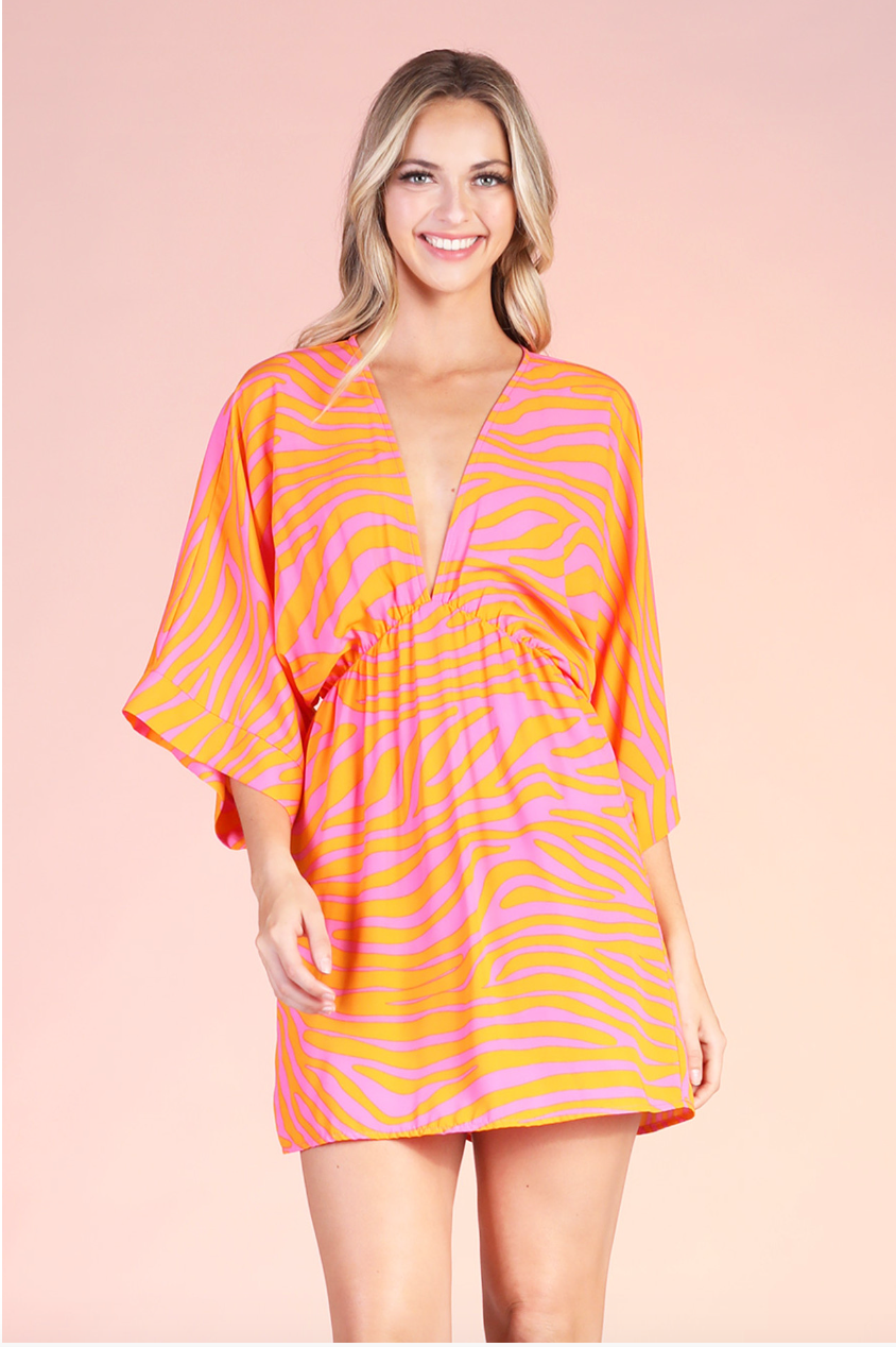 Orange and Hot Pink Midi Strip Dress